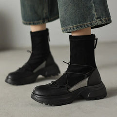 Women's autumn and winter leather cowhide round toe and calf high-heeled zipper elastic band thick soled elastic short boots