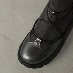 Women's autumn and winter leather cowhide round toe and calf high-heeled zipper elastic band thick soled elastic short boots