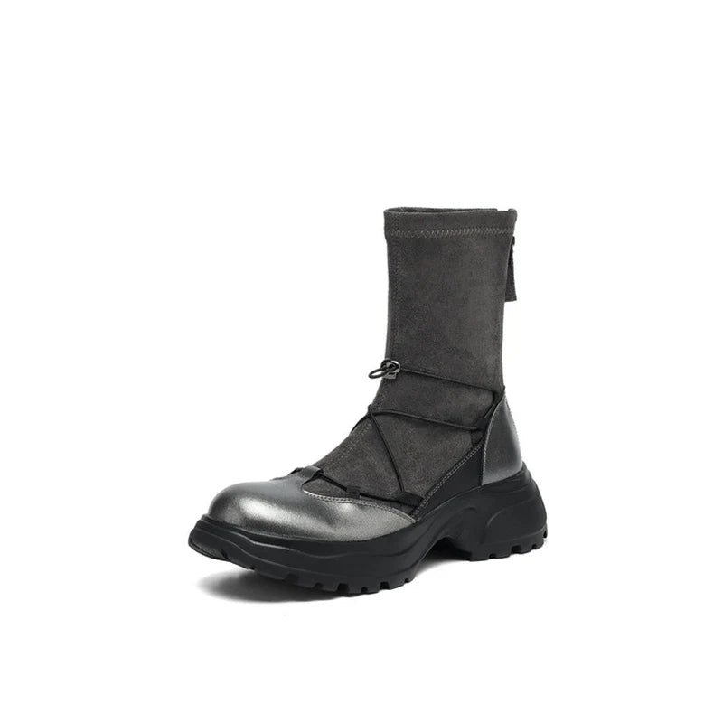 Women's autumn and winter leather cowhide round toe and calf high-heeled zipper elastic band thick soled elastic short boots
