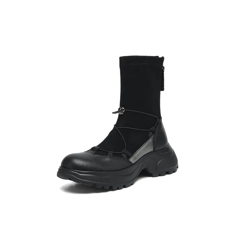 Women's autumn and winter leather cowhide round toe and calf high-heeled zipper elastic band thick soled elastic short boots
