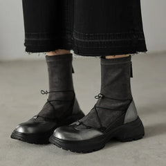 Women's autumn and winter leather cowhide round toe and calf high-heeled zipper elastic band thick soled elastic short boots