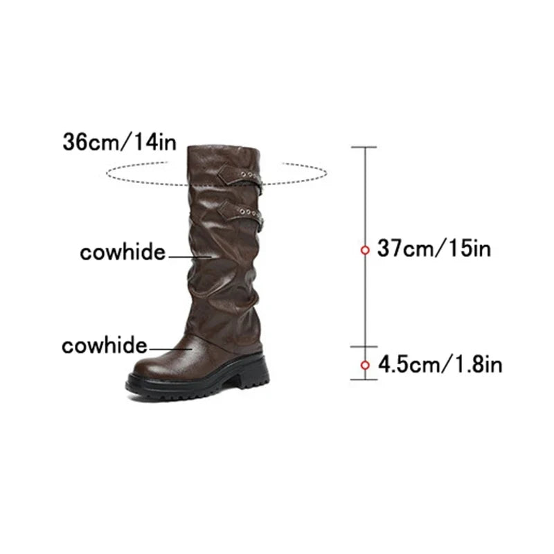 Women's autumn and winter leather cowhide round toe and knee mid heel retro high Boots