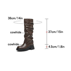 Women's autumn and winter leather cowhide round toe and knee mid heel retro high Boots