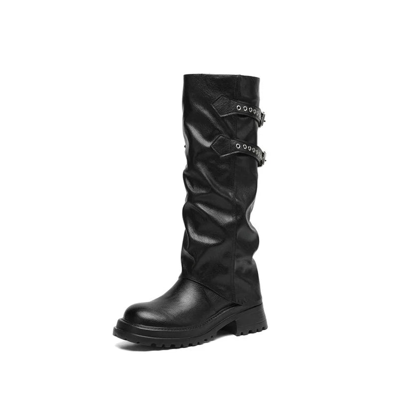Women's autumn and winter leather cowhide round toe and knee mid heel retro high Boots