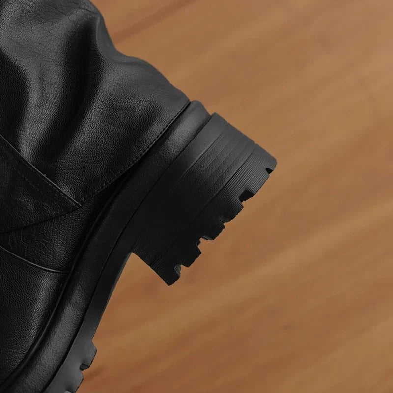 Women's autumn and winter leather cowhide round toe and knee mid heel retro high Boots