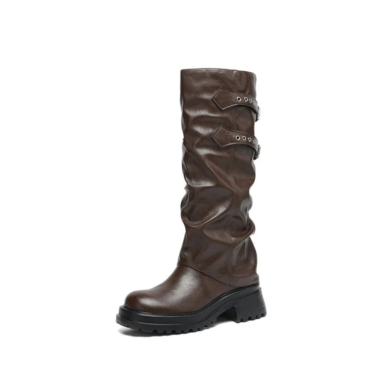 Women's autumn and winter leather cowhide round toe and knee mid heel retro high Boots