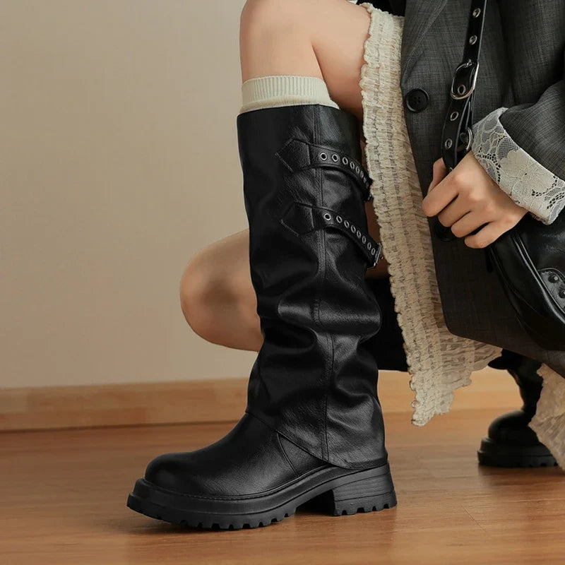 Women's autumn and winter leather cowhide round toe and knee mid heel retro high Boots