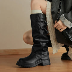 Women's autumn and winter leather cowhide round toe and knee mid heel retro high Boots