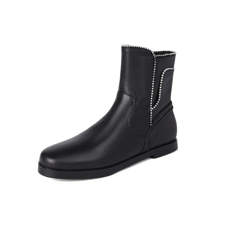 Women's autumn and winter leather cowhide side zipper low heel plus large round toe Chelsea short Boots
