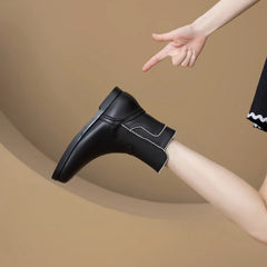 Women's autumn and winter leather cowhide side zipper low heel plus large round toe Chelsea short Boots