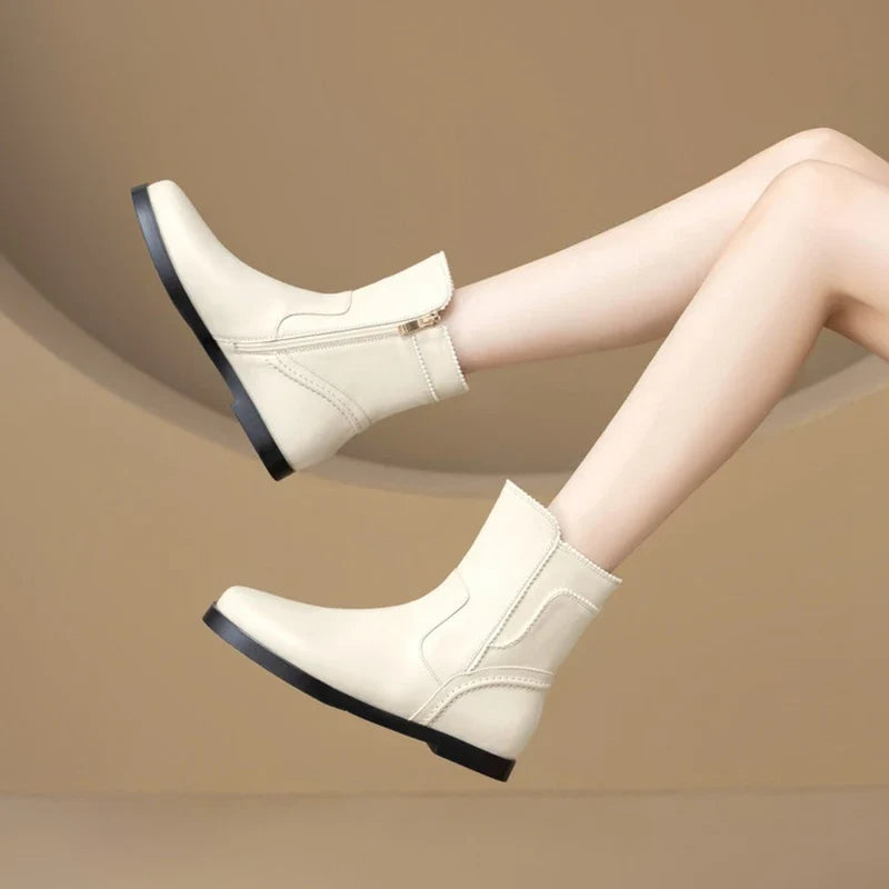 Women's autumn and winter leather cowhide side zipper low heel plus large round toe Chelsea short Boots