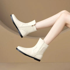 Women's autumn and winter leather cowhide side zipper low heel plus large round toe Chelsea short Boots