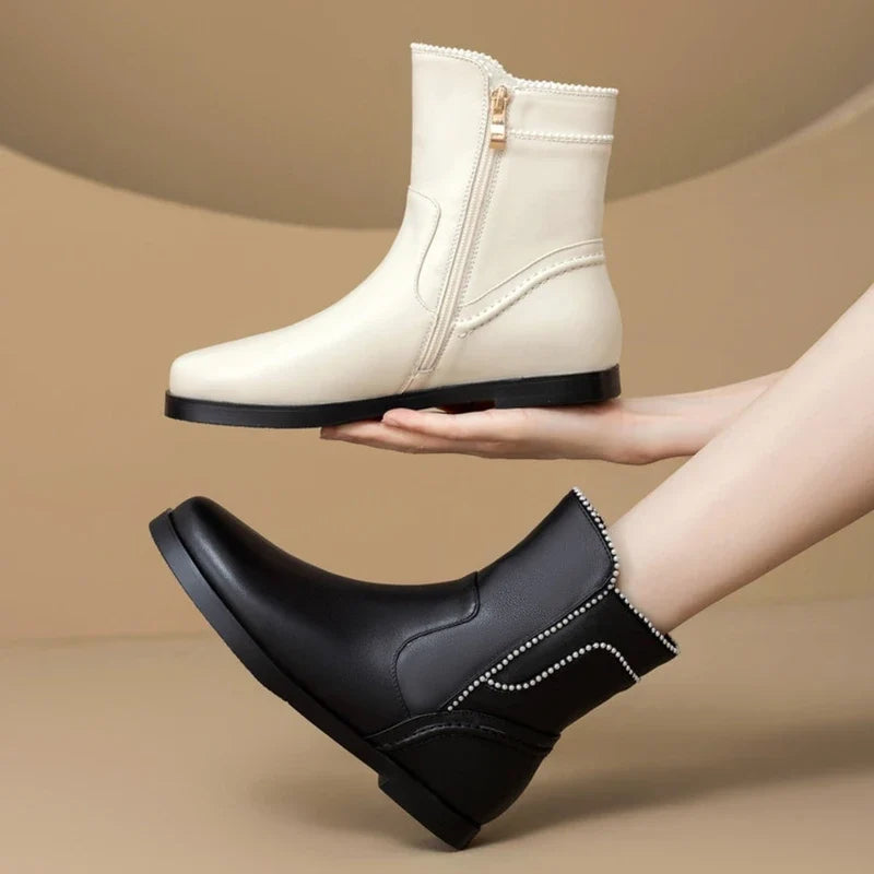 Women's autumn and winter leather cowhide side zipper low heel plus large round toe Chelsea short Boots