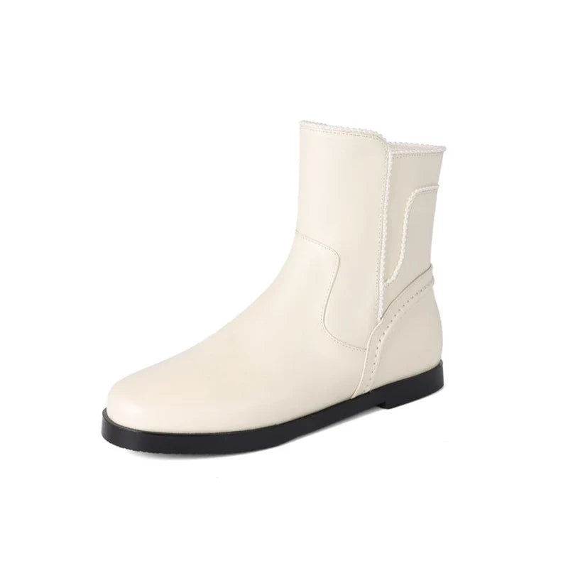 Women's autumn and winter leather cowhide side zipper low heel plus large round toe Chelsea short Boots