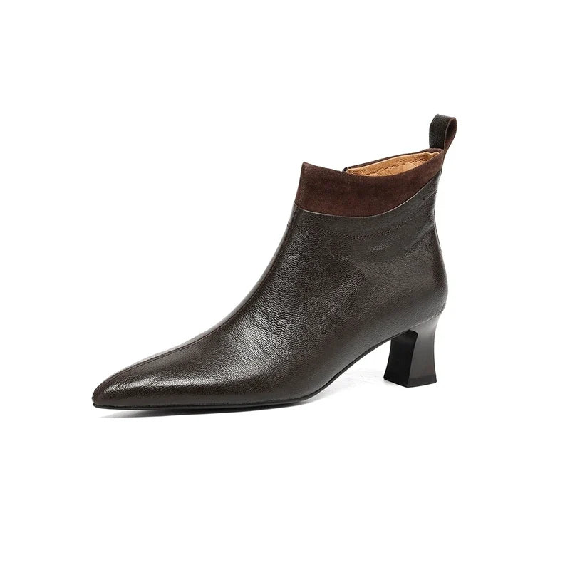 Women's autumn and winter leather sheepskin pointed high-heeled side zipper retro western Chelsea short Boots