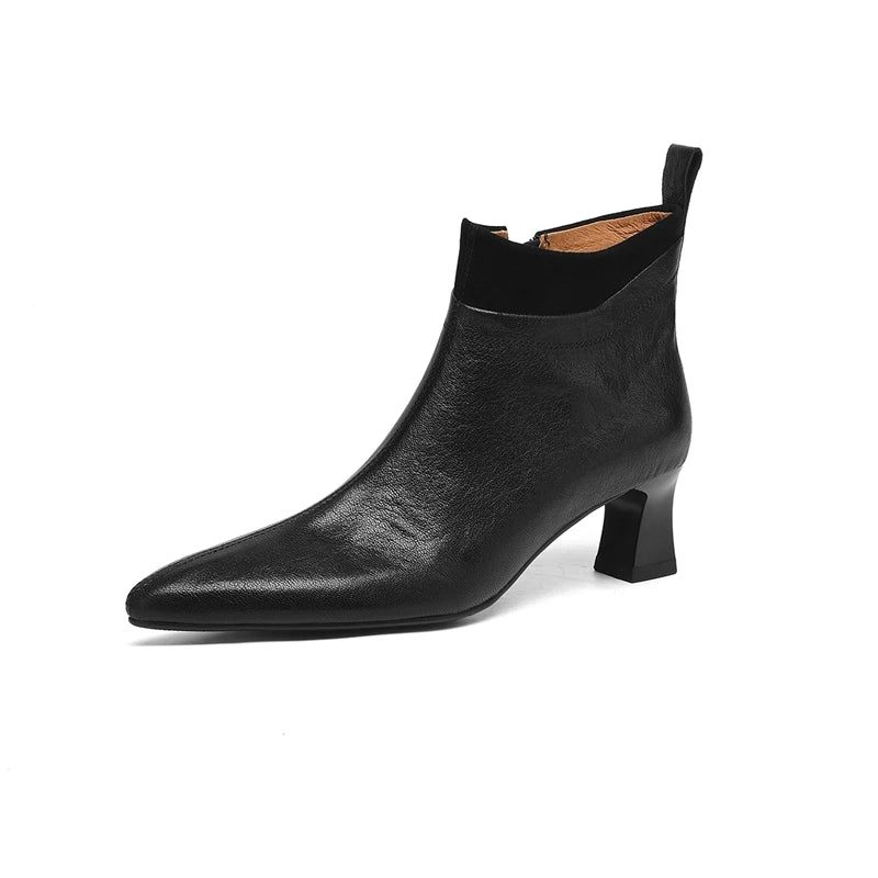 Women's autumn and winter leather sheepskin pointed high-heeled side zipper retro western Chelsea short Boots