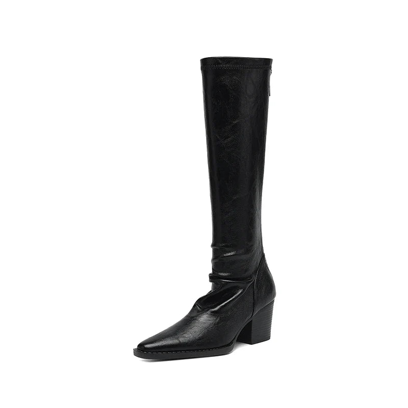 Women's autumn and winter pointed and knee high heels zipper elastic leather retro high Boots