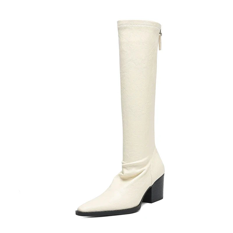 Women's autumn and winter pointed and knee high heels zipper elastic leather retro high Boots
