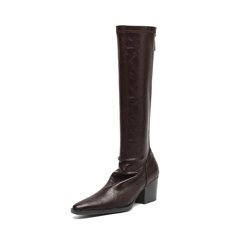 Women's autumn and winter pointed and knee high heels zipper elastic leather retro high Boots