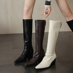 Women's autumn and winter pointed and knee high heels zipper elastic leather retro high Boots