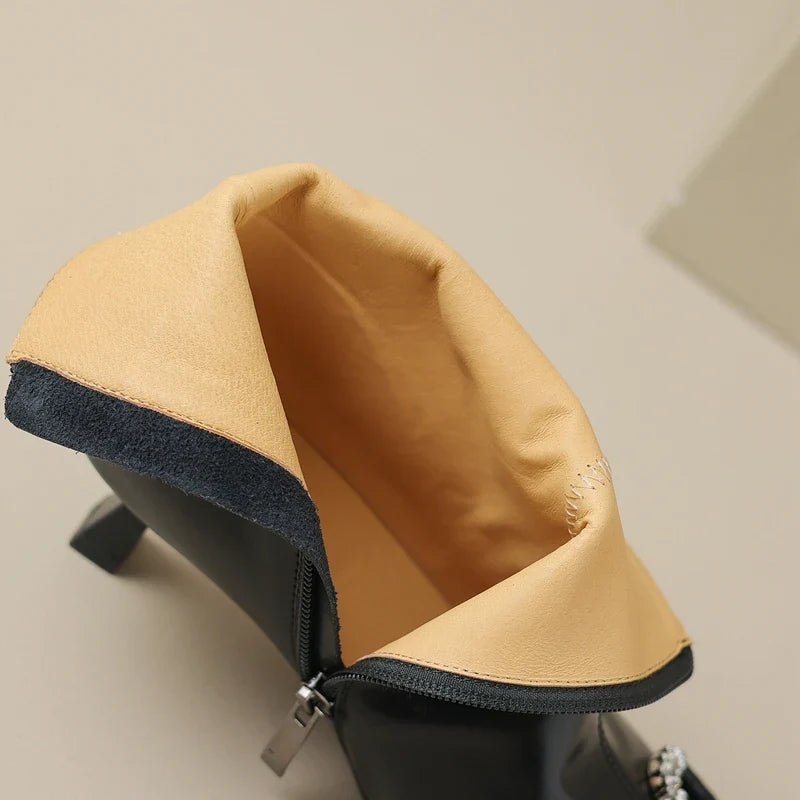 Women's autumn and winter pointed diamond embellishments with genuine leather cowhide middle heel