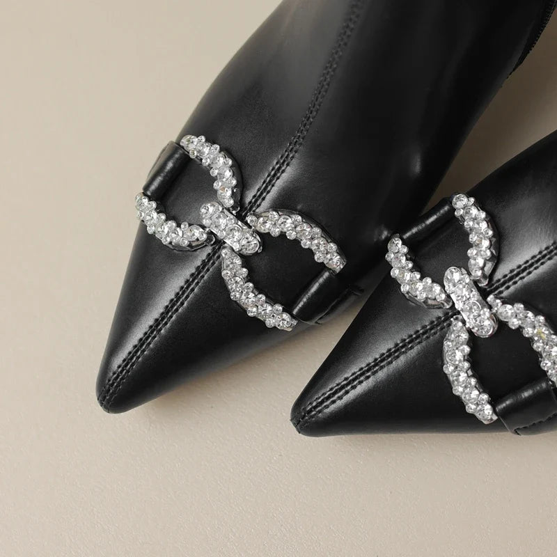 Women's autumn and winter pointed diamond embellishments with genuine leather cowhide middle heel