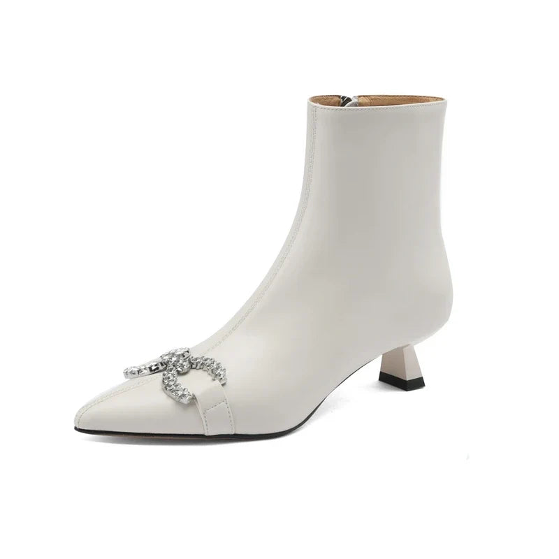 Women's autumn and winter pointed diamond embellishments with genuine leather cowhide middle heel
