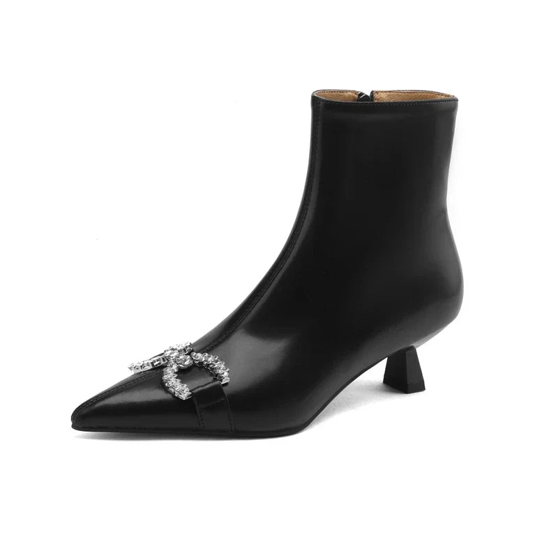 Women's autumn and winter pointed diamond embellishments with genuine leather cowhide middle heel