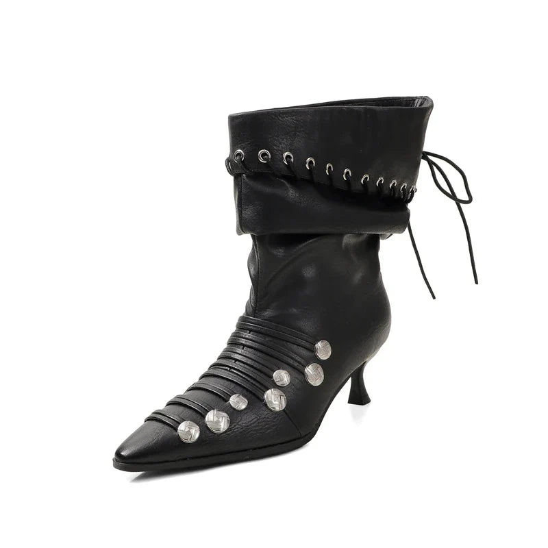 Women's autumn and winter pointed metal rivet strap European and American style lazy high heels short Boots