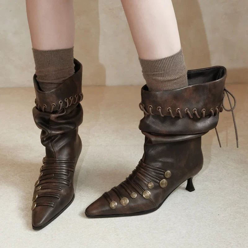 Women's autumn and winter pointed metal rivet strap European and American style lazy high heels short Boots