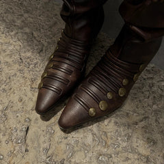 Women's autumn and winter pointed metal rivet strap European and American style lazy high heels short Boots