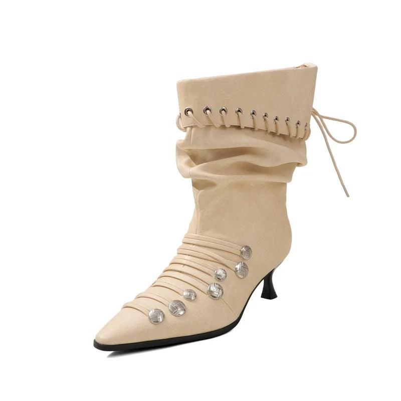Women's autumn and winter pointed metal rivet strap European and American style lazy high heels short Boots