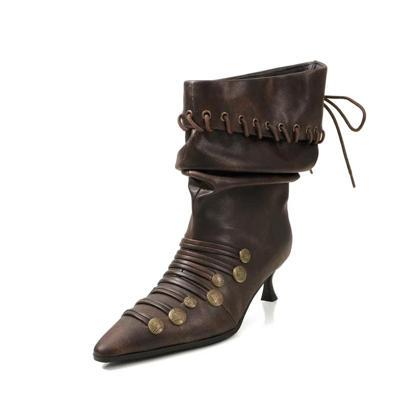 Women's autumn and winter pointed metal rivet strap European and American style lazy high heels short Boots