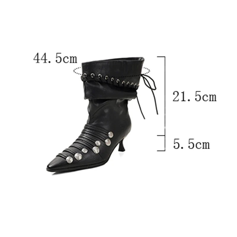 Women's autumn and winter pointed metal rivet strap European and American style lazy high heels short Boots