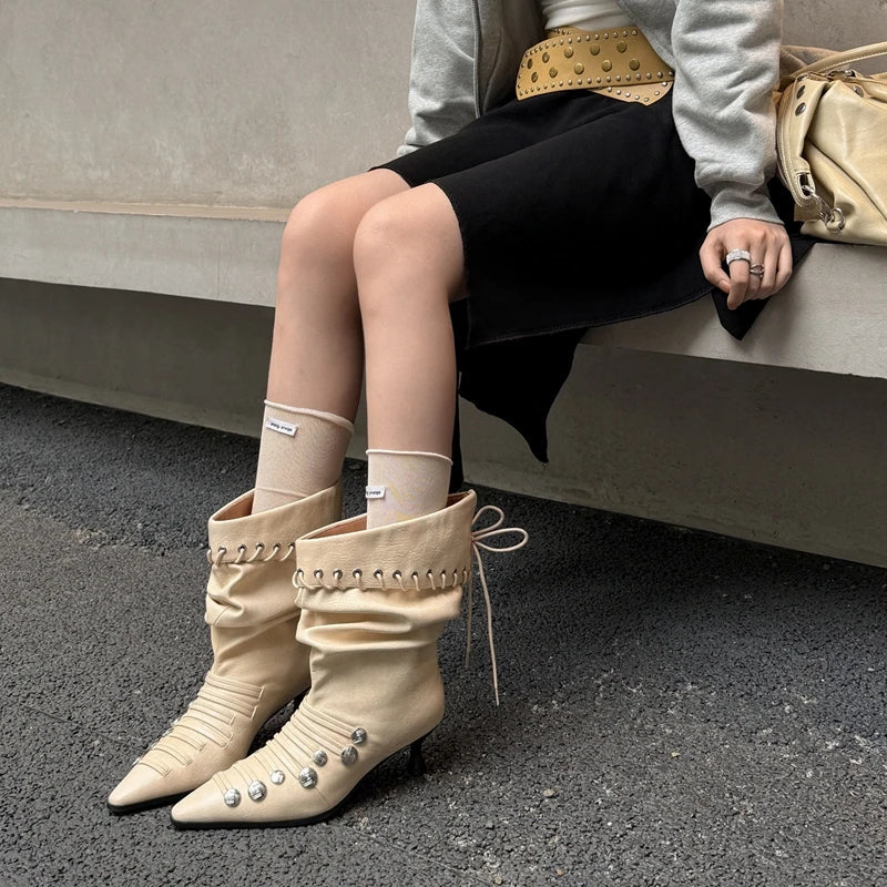 Women's autumn and winter pointed metal rivet strap European and American style lazy high heels short Boots