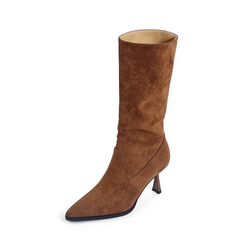 Women's autumn and winter pointed suede simple temperament high heels mid top Boots