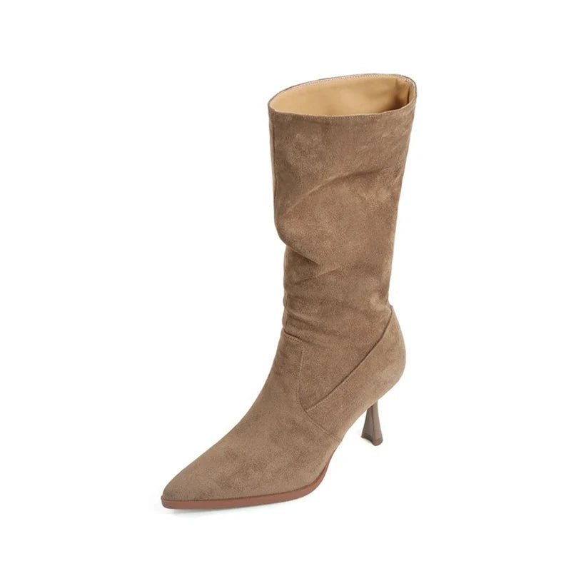 Women's autumn and winter pointed suede simple temperament high heels mid top Boots