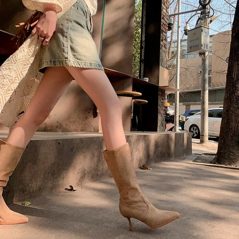 Women's autumn and winter pointed suede simple temperament high heels mid top Boots