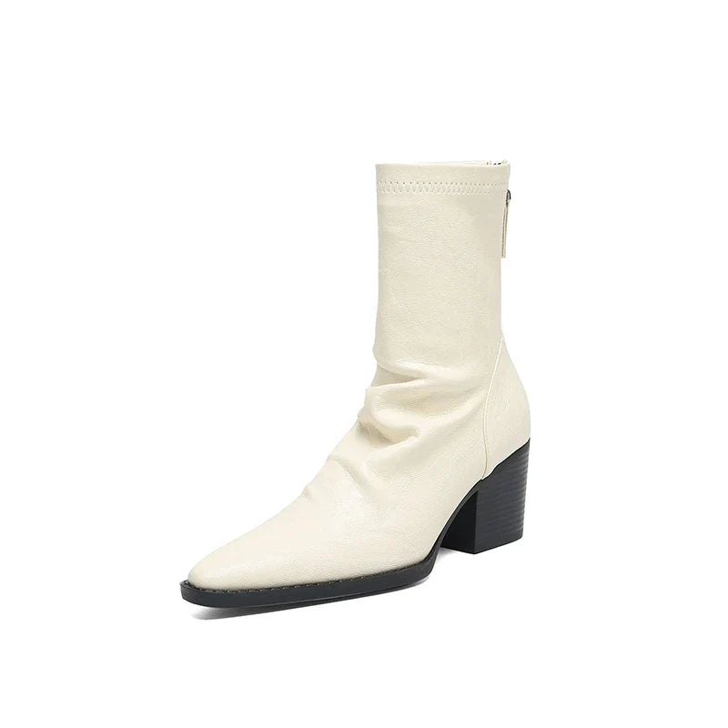 Women's autumn and winter pointed toe and calf high-heeled zipper elastic leather retro short Boots