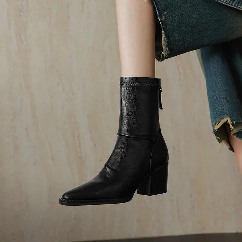 Women's autumn and winter pointed toe and calf high-heeled zipper elastic leather retro short Boots