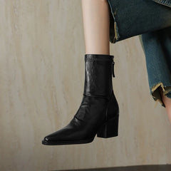 Women's autumn and winter pointed toe and calf high-heeled zipper elastic leather retro short Boots