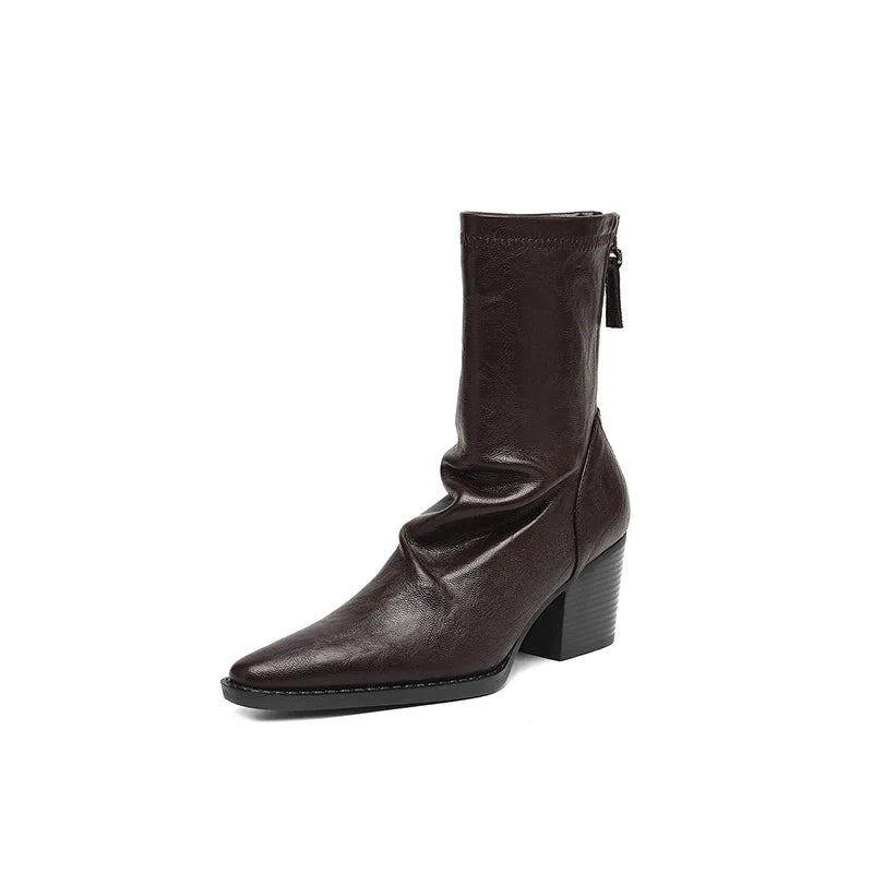 Women's autumn and winter pointed toe and calf high-heeled zipper elastic leather retro short Boots