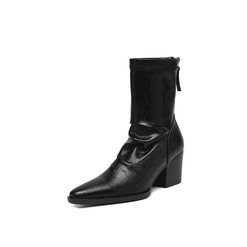 Women's autumn and winter pointed toe and calf high-heeled zipper elastic leather retro short Boots