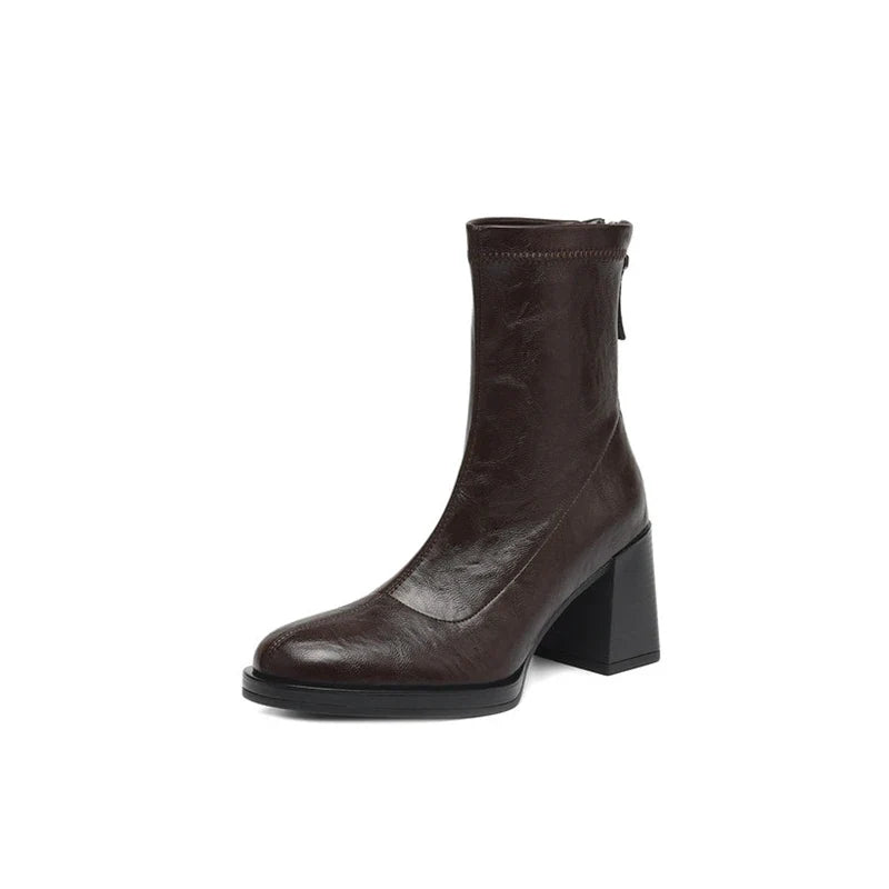 Women's autumn and winter round toe and calf high-heeled zipper elastic boots