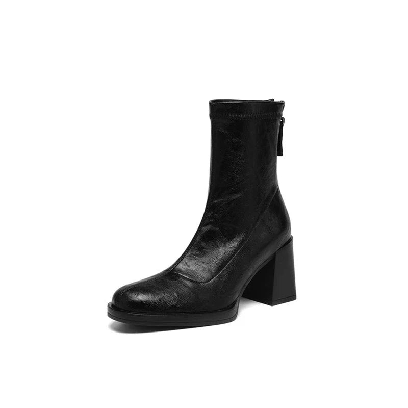 Women's autumn and winter round toe and calf high-heeled zipper elastic boots