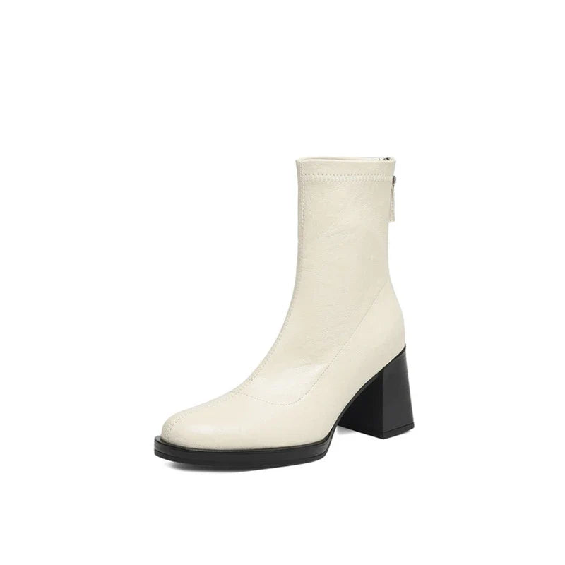 Women's autumn and winter round toe and calf high-heeled zipper elastic boots