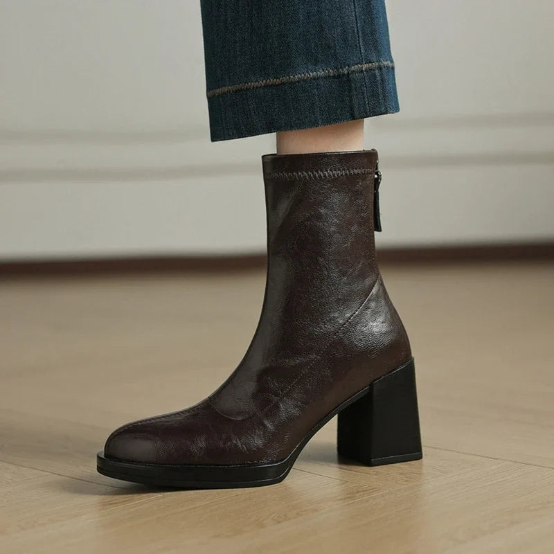Women's autumn and winter round toe and calf high-heeled zipper elastic boots