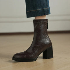 Women's autumn and winter round toe and calf high-heeled zipper elastic boots