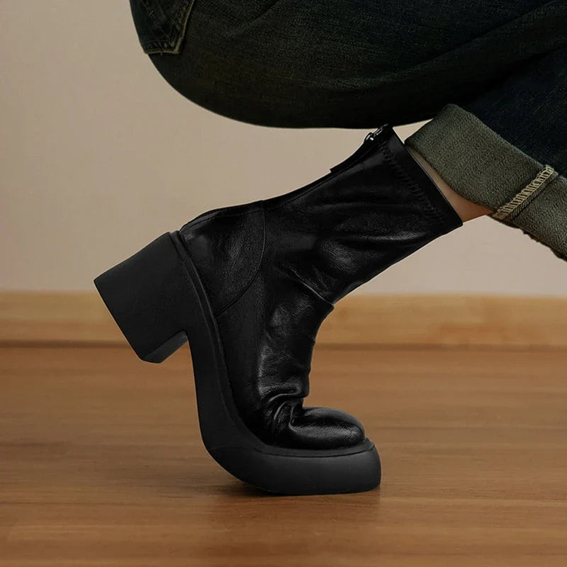 Women's autumn and winter round toe and calf mid heel zipper thick soled elastic leather short Boots