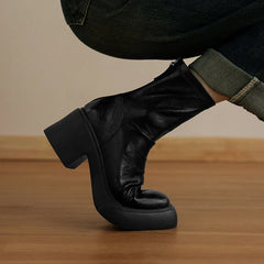 Women's autumn and winter round toe and calf mid heel zipper thick soled elastic leather short Boots